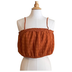 Aerie Burnt Orange Cotton Textured Gathered Crop Top, Spaghetti Straps, XL